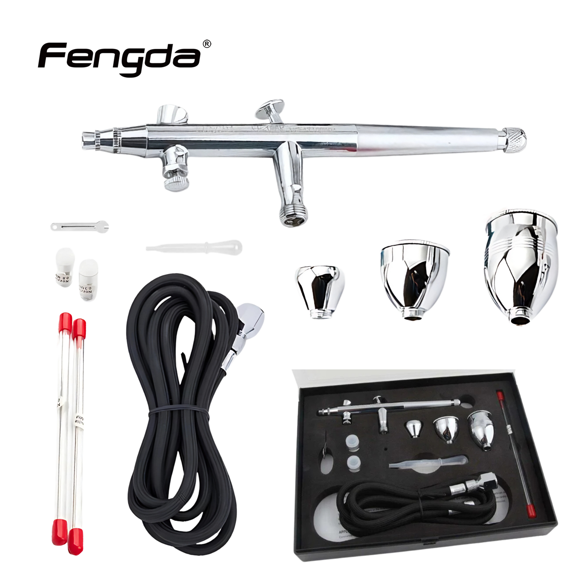Fengda Elite Airbrush 0.2, 0.3 & 0.5mm Gravity Feed Double-Action Paint Spray Gun Set with 3 Interchangable Cups, Nozzles, 2 Meter Braided Air Tube (FE-186K)