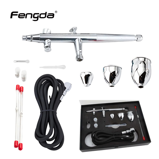 Fengda Elite Airbrush 0.2, 0.3 & 0.5mm Gravity Feed Double-Action Paint Spray Gun Set with 3 Interchangable Cups, Nozzles, 2 Meter Braided Air Tube (FE-186K)