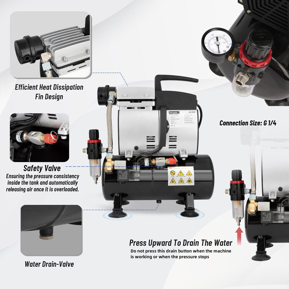 Fengda AS-600 Heavy Duty Airbrush Mini Air Compressor Double Piston with 4L Air Tank, 44 Litres/Min, 57dB