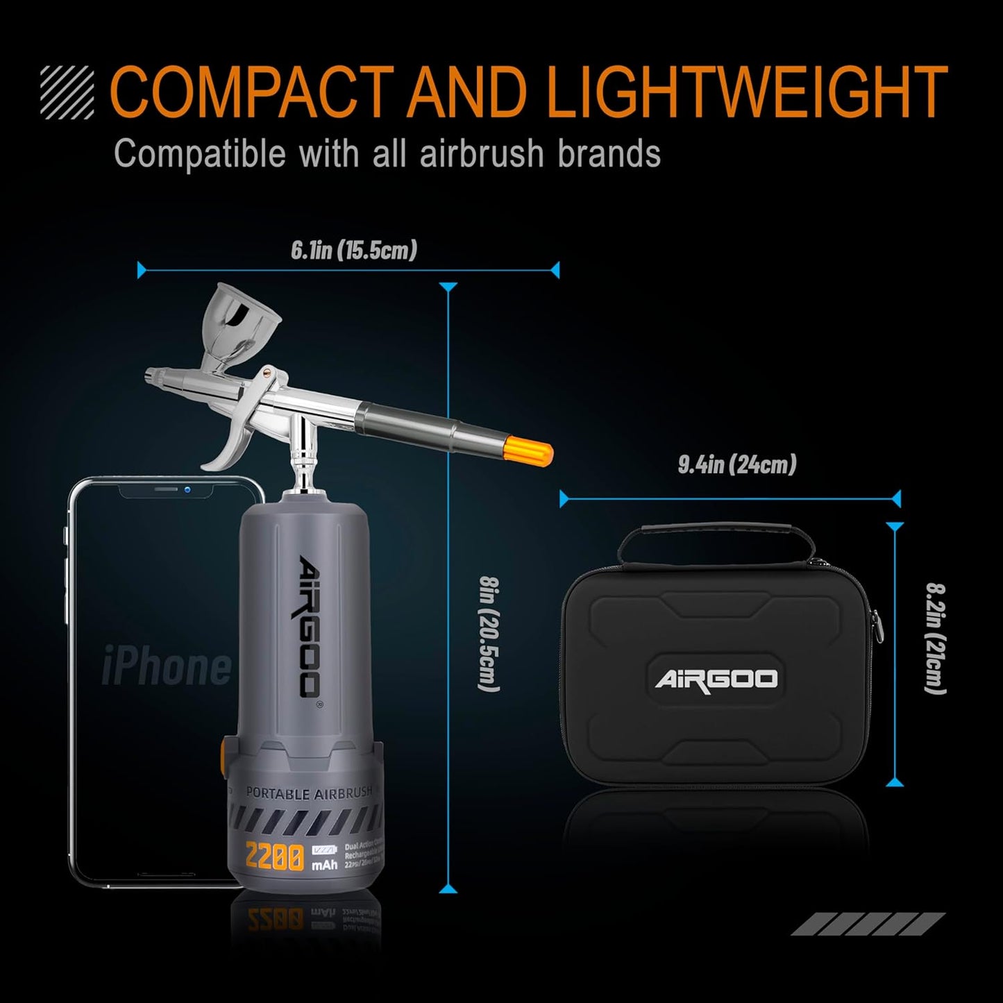 Airgoo MK430-116E Pistol Type Cordless Airbrush Kit – 2200mAh Compressor, 0.3mm Airbrush Set