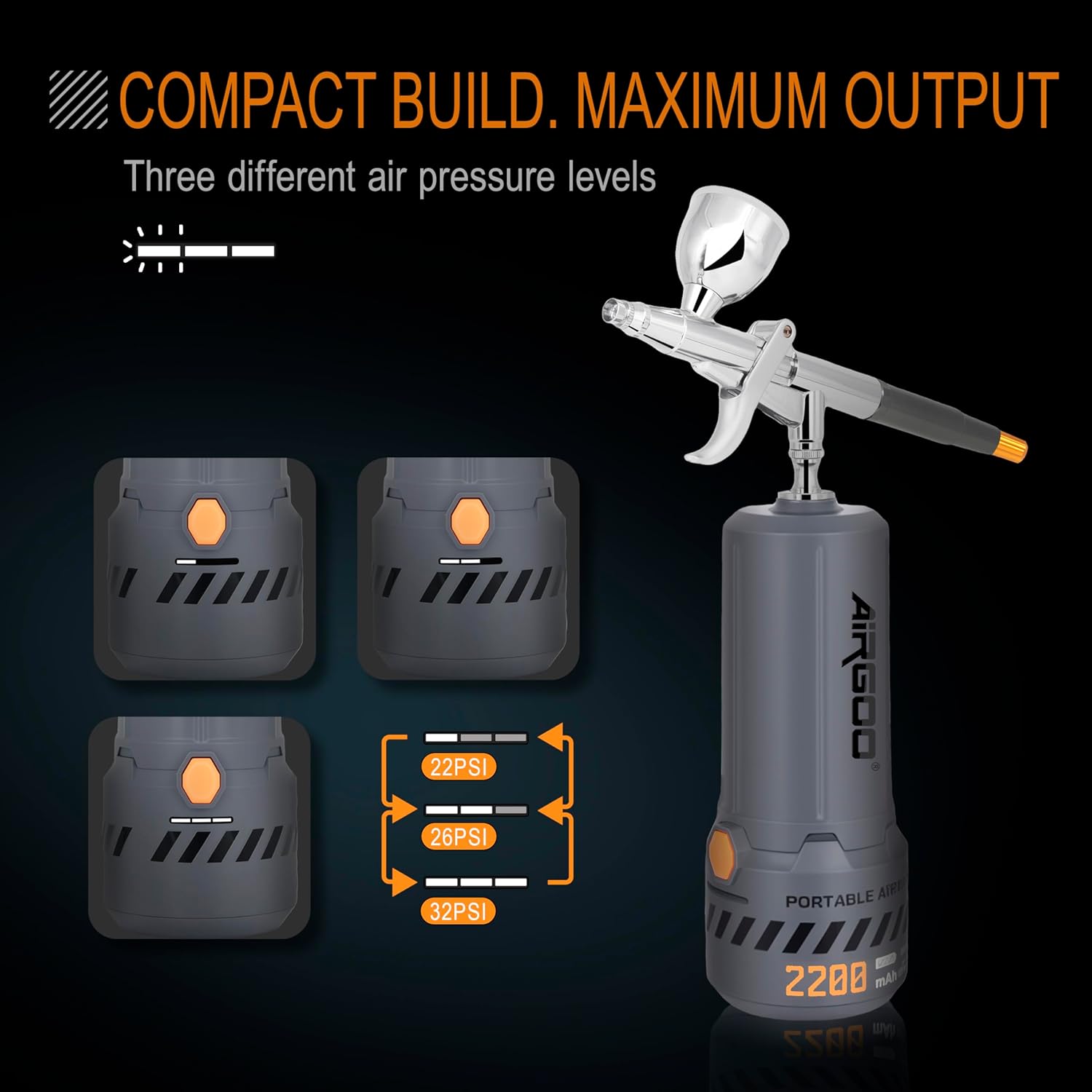 Airgoo MK430-116E Pistol Type Cordless Airbrush Kit – 2200mAh Compressor, 0.3mm Airbrush Set