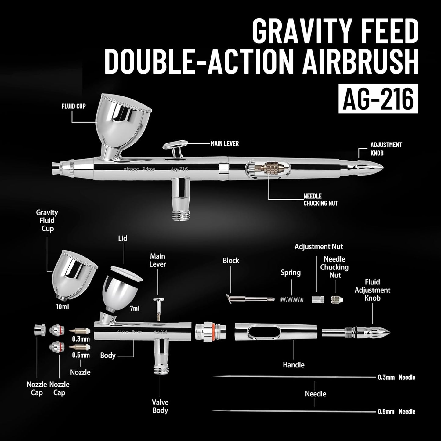Airgoo AG-216 Prime Dual-Action Airbrush Set – 0.3mm & 0.5mm Nozzles
