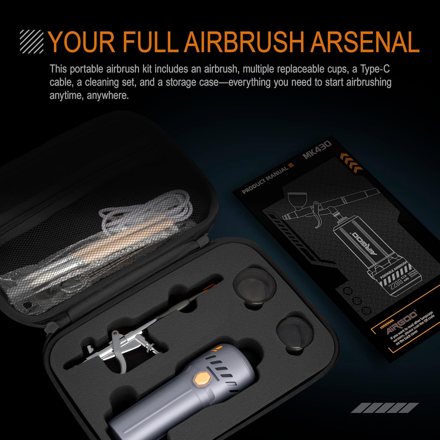 Airgoo MK430-116E Pistol Type Cordless Airbrush Kit – 2200mAh Compressor, 0.3mm Airbrush Set