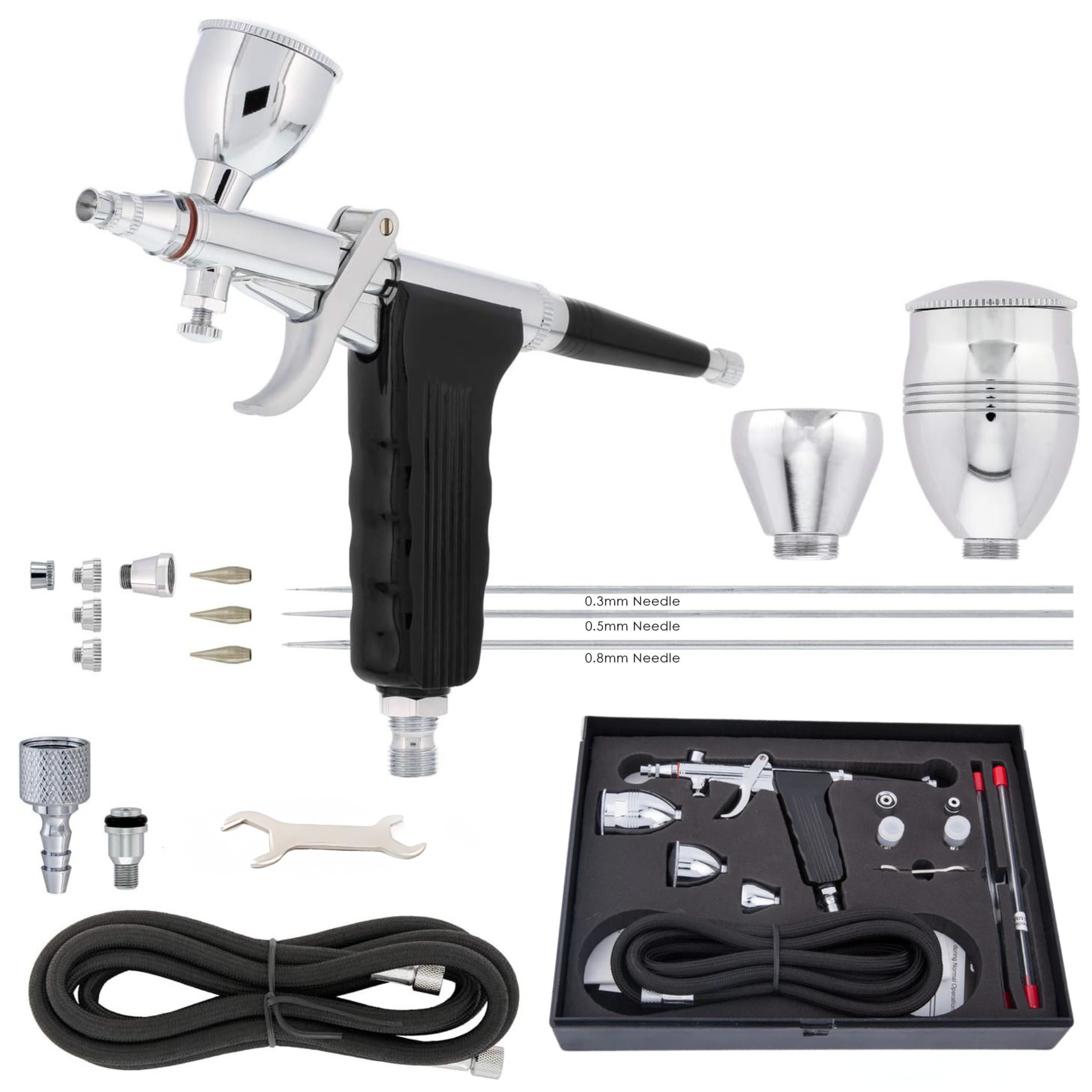 Fengda Elite Airbrush 0.3, 0.5 & 0.8mm Gravity Feed Pistol Type Paint Spray Gun Set with 3 Interchangeable Cups, Nozzles, 2 Meter Braided Air Tube (FE-116C)