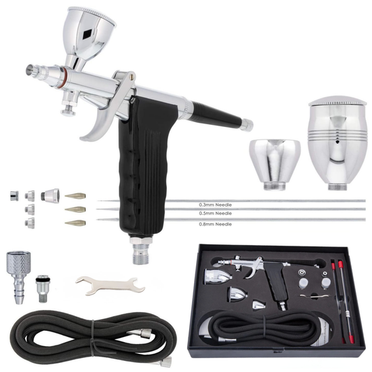 Fengda Elite Airbrush 0.3, 0.5 & 0.8mm Gravity Feed Pistol Type Paint Spray Gun Set with 3 Interchangeable Cups, Nozzles, 2 Meter Braided Air Tube (FE-116C)