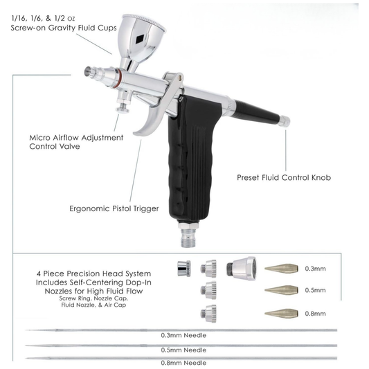 Fengda Elite Airbrush 0.3, 0.5 & 0.8mm Gravity Feed Pistol Type Paint Spray Gun Set with 3 Interchangeable Cups, Nozzles, 2 Meter Braided Air Tube (FE-116C)