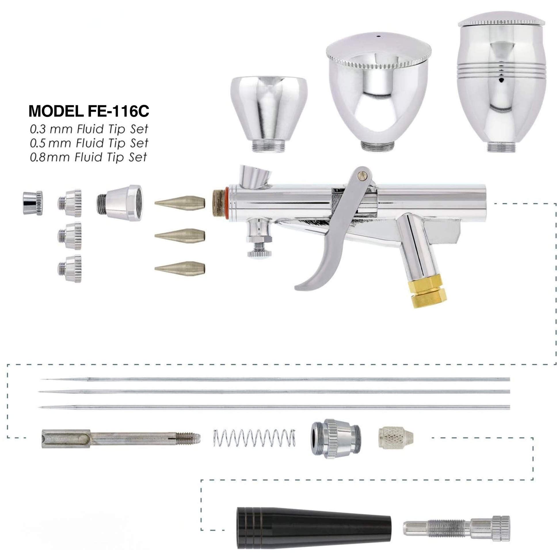 Fengda Elite Airbrush 0.3, 0.5 & 0.8mm Gravity Feed Pistol Type Paint Spray Gun Set with 3 Interchangeable Cups, Nozzles, 2 Meter Braided Air Tube (FE-116C)