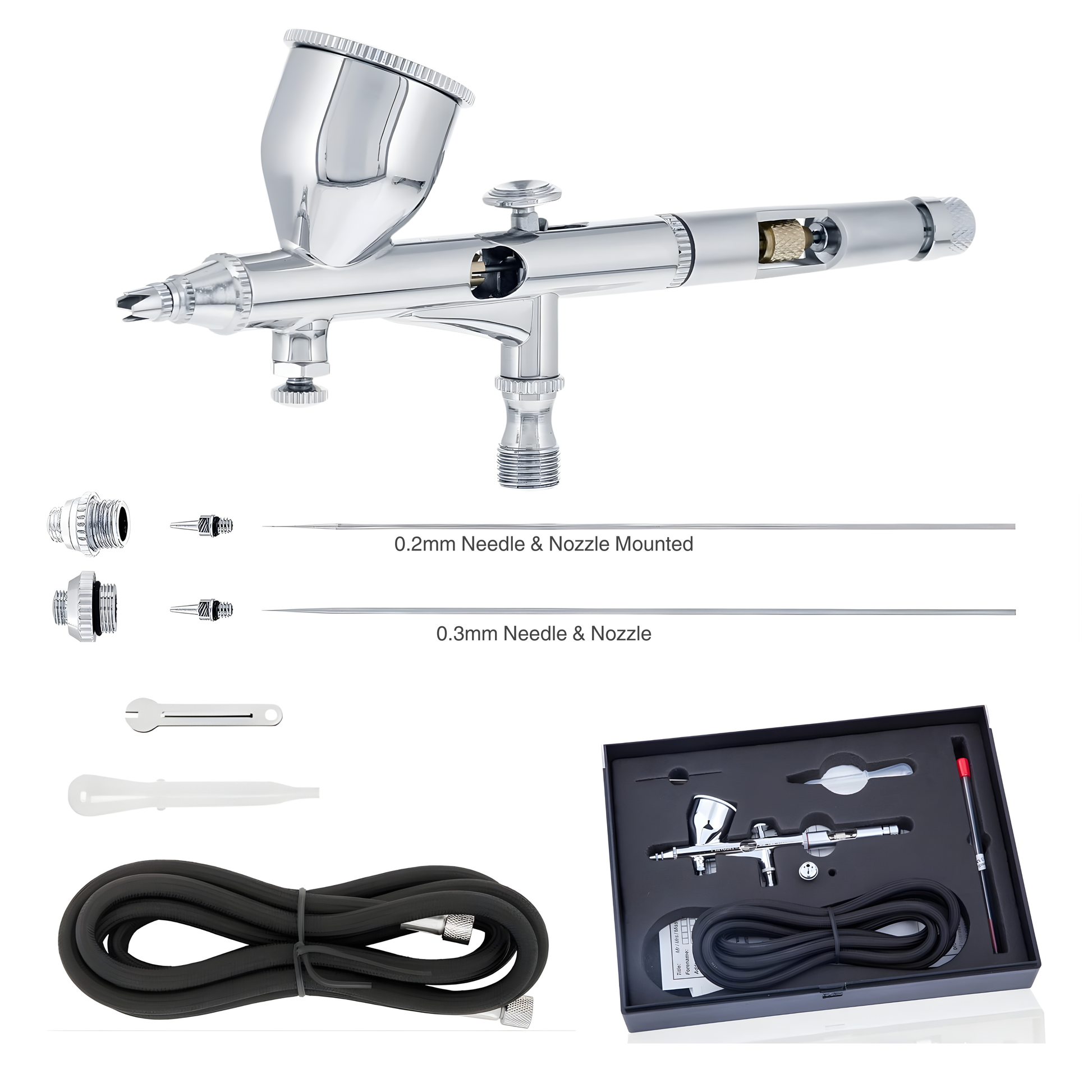 Fengda Premium Air Brush 0.2 & 0.3mm Gravity Feed Dual-Action Paint Spray Gun Set with Nozzle and 2 Meter Braided Air Tube (FE-180K)