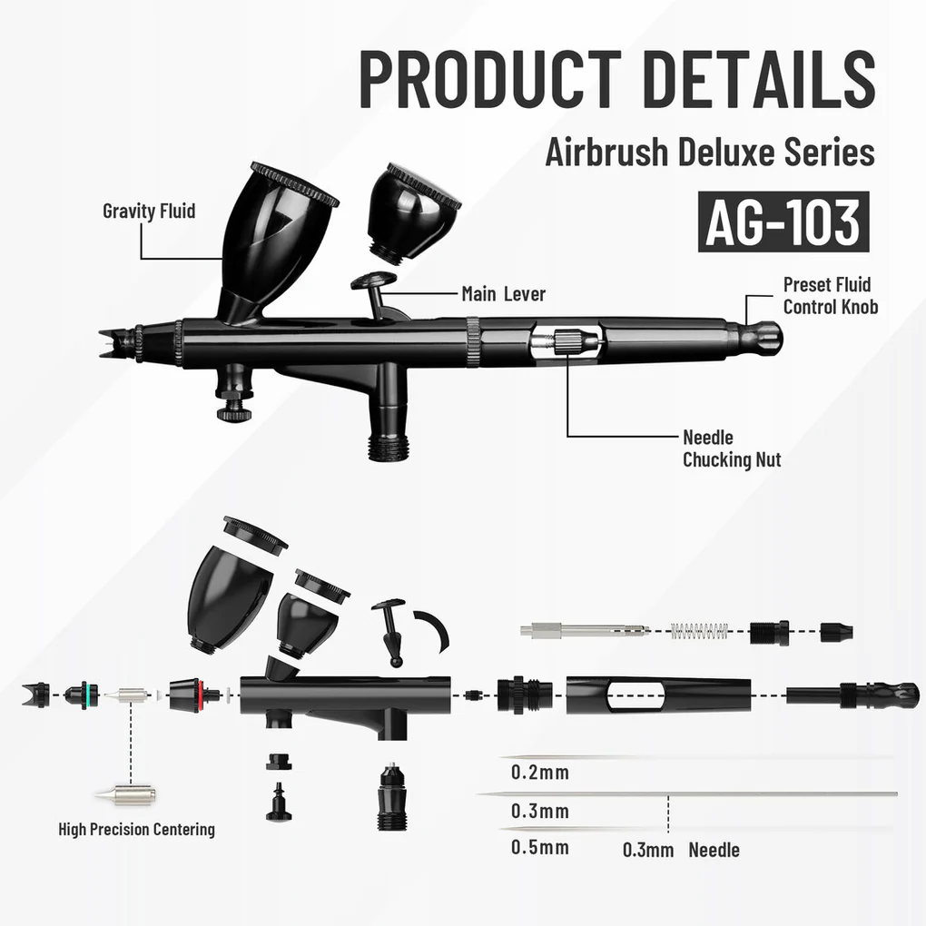 Fengda High End & Deluxe Series Airbrush 0.3mm, Gravity Feed Dual-Action Paint Spray Gun Set with 2 Interchangable Cups for Air Brush Master (AG-103)