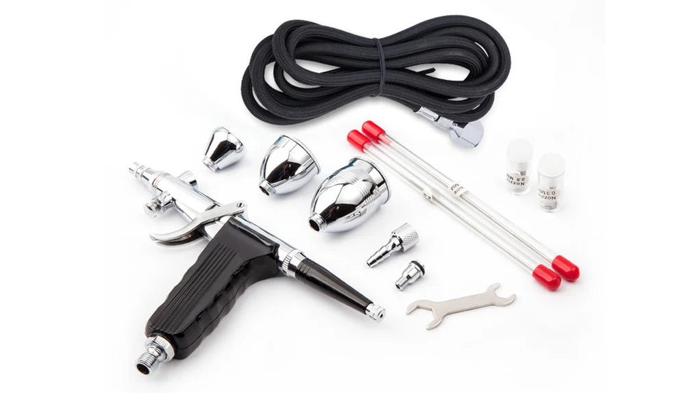 Fengda Elite Airbrush 0.3, 0.5 & 0.8mm Gravity Feed Pistol Type Paint Spray Gun Set with 3 Interchangeable Cups, Nozzles, 2 Meter Braided Air Tube (FE-116C)