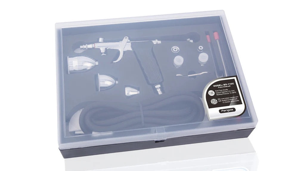 Fengda Elite Airbrush 0.3, 0.5 & 0.8mm Gravity Feed Pistol Type Paint Spray Gun Set with 3 Interchangeable Cups, Nozzles, 2 Meter Braided Air Tube (FE-116C)