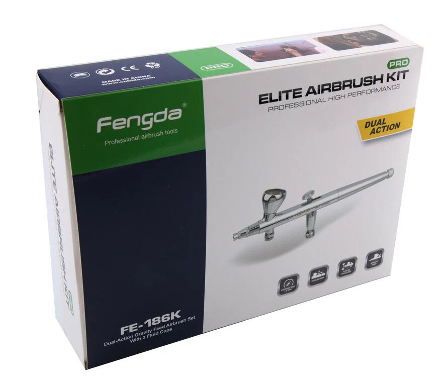Fengda Elite Airbrush 0.2, 0.3 & 0.5mm Gravity Feed Double-Action Paint Spray Gun Set with 3 Interchangable Cups, Nozzles, 2 Meter Braided Air Tube (FE-186K)
