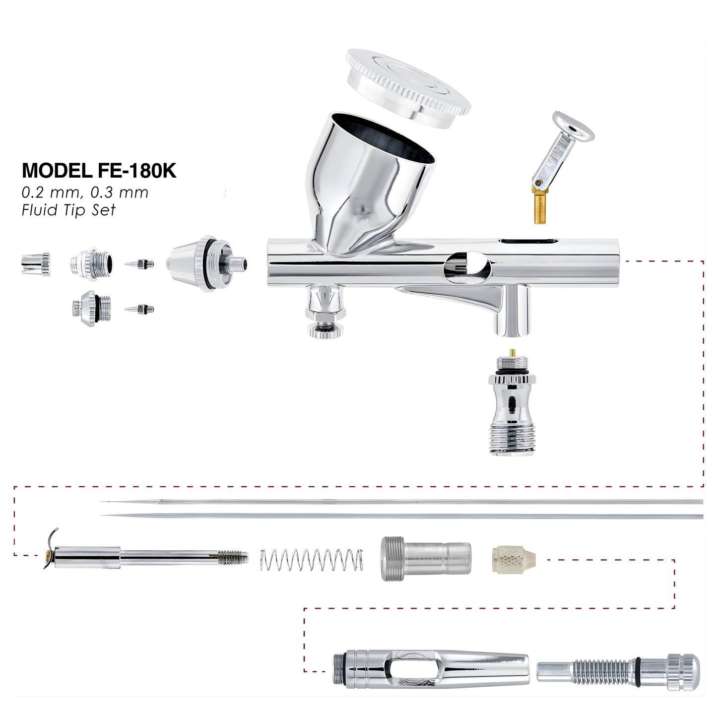 Fengda Premium Air Brush 0.2 & 0.3mm Gravity Feed Dual-Action Paint Spray Gun Set with Nozzle and 2 Meter Braided Air Tube (FE-180K)