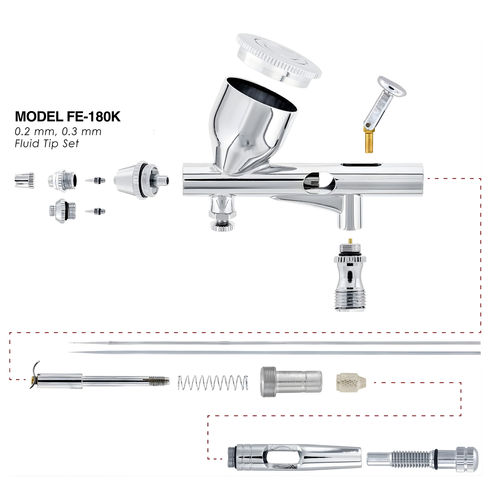 Fengda Premium Air Brush 0.2 & 0.3mm Gravity Feed Dual-Action Paint Spray Gun Set with Nozzle and 2 Meter Braided Air Tube (FE-180K)